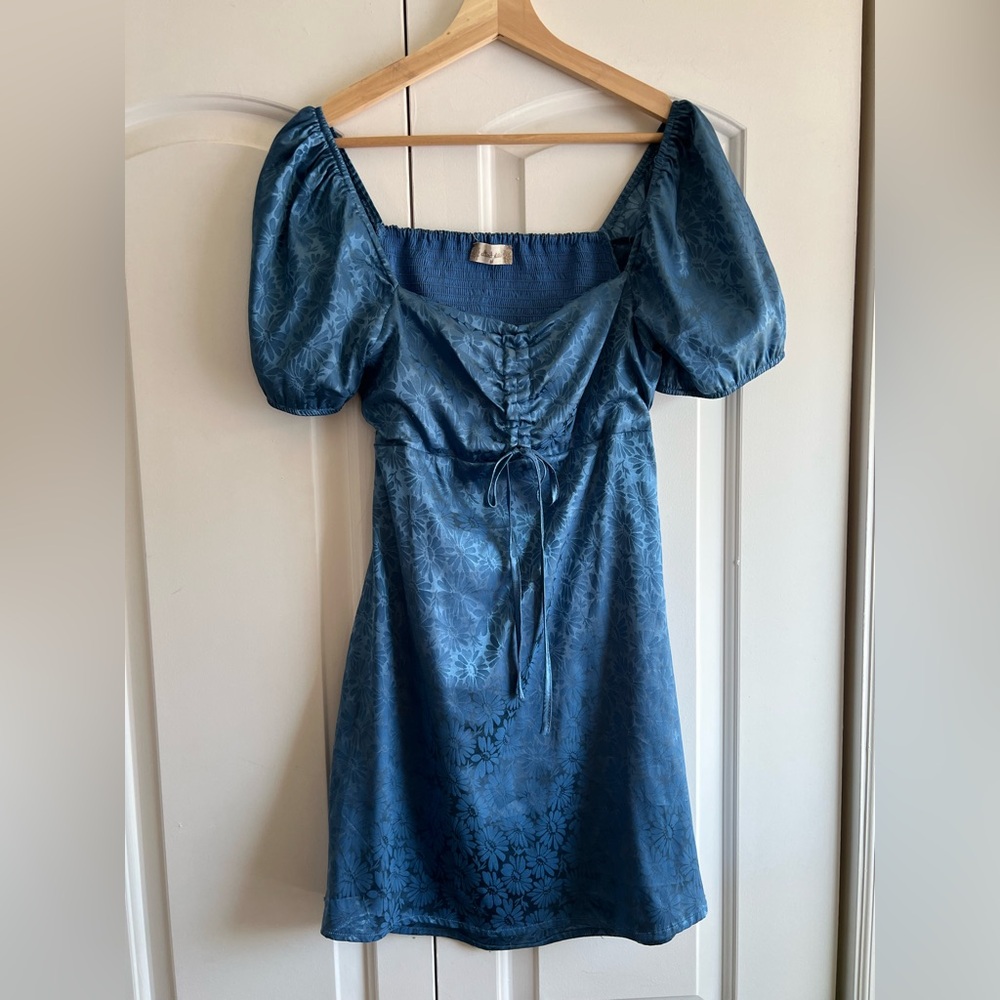 Altar’d State Blue Puff Sleeve Mini Dress with Tie Front Customizable Neckline
